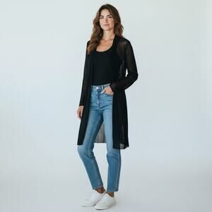 Eileen Fisher Black Open Knit Linen Crepe Long Cardigan Sweater